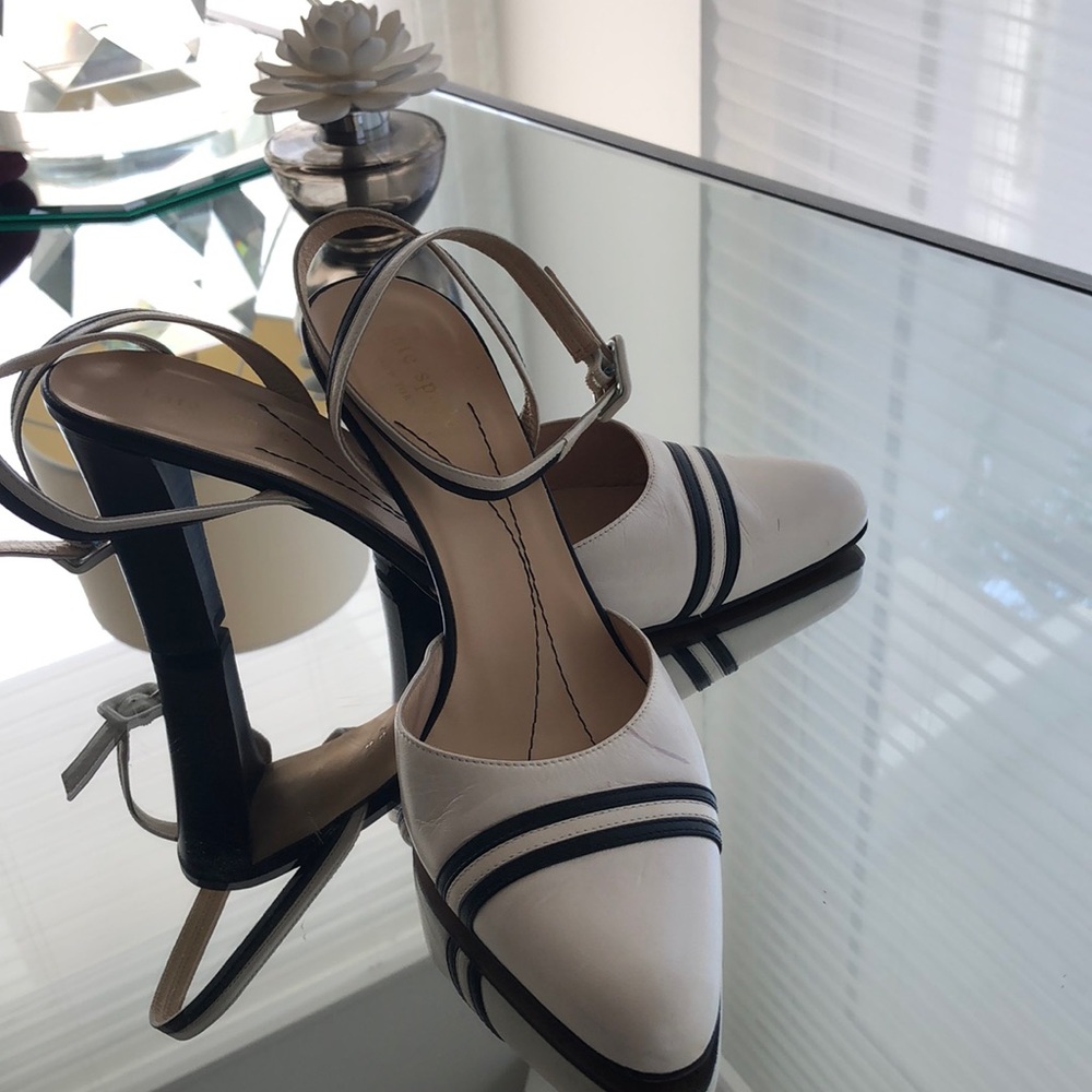 Kate Spade size 81/2 cream and black ankle wrap pump, classic style.